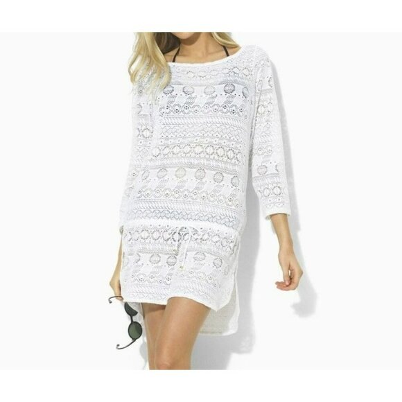 Ralph Lauren Mini Dress M Tunic Shirt Cover-Up Off White Lace 3/4 Sleeve Top - Picture 1 of 12